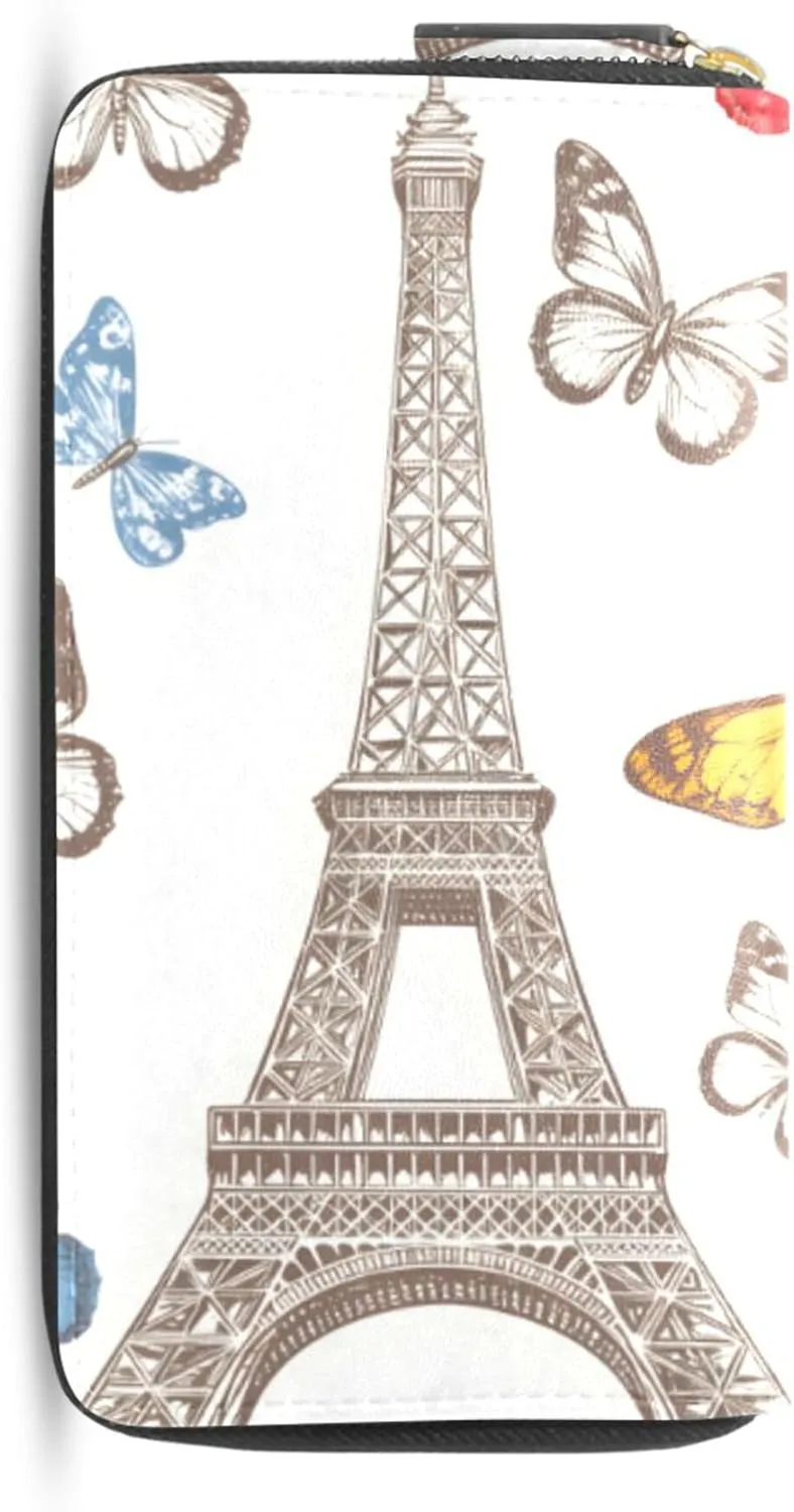 MNSRUU Womens Wallet Purses, Paris Bonjour Butterfly Clutch Purses for Women RFID Blocking Credit Card Holder Wallet Leather Zipper Coin Purse