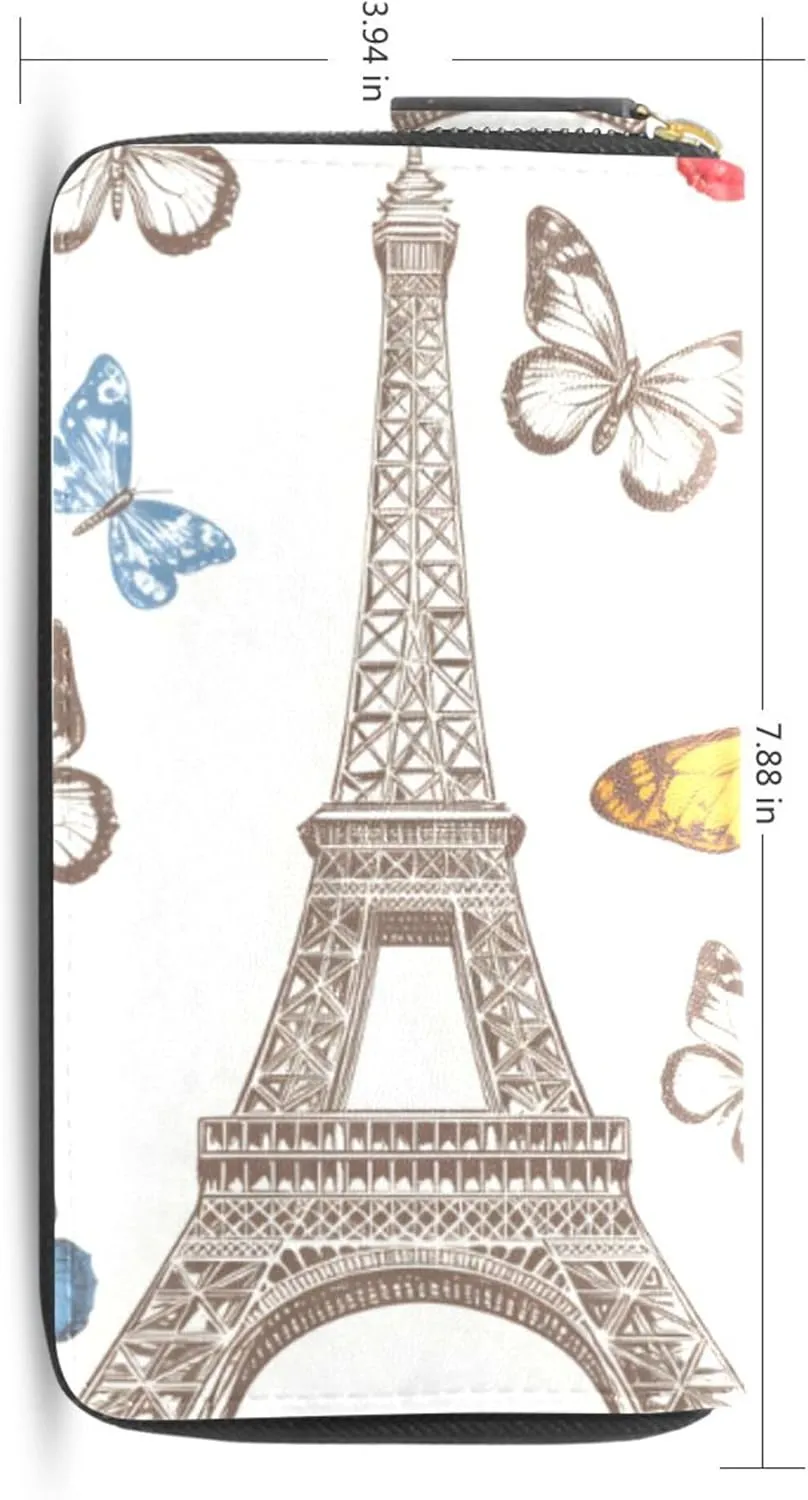 MNSRUU Womens Wallet Purses, Paris Bonjour Butterfly Clutch Purses for Women RFID Blocking Credit Card Holder Wallet Leather Zipper Coin Purse