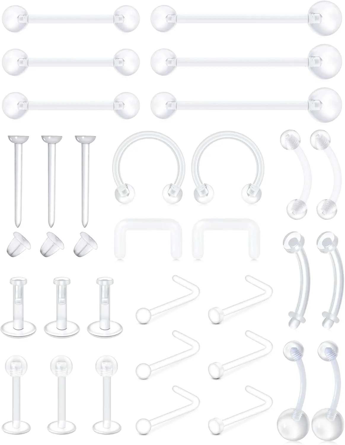 MODRSA Mix Set Clear Piercing Retainers Septum Retainer Nose Studs Flexible Lip Ear Nose Tongue Rings Nipplering Cartilage Rook Daith Earrings Horseshoe Plastic Industrial Piercing Retainer for Work