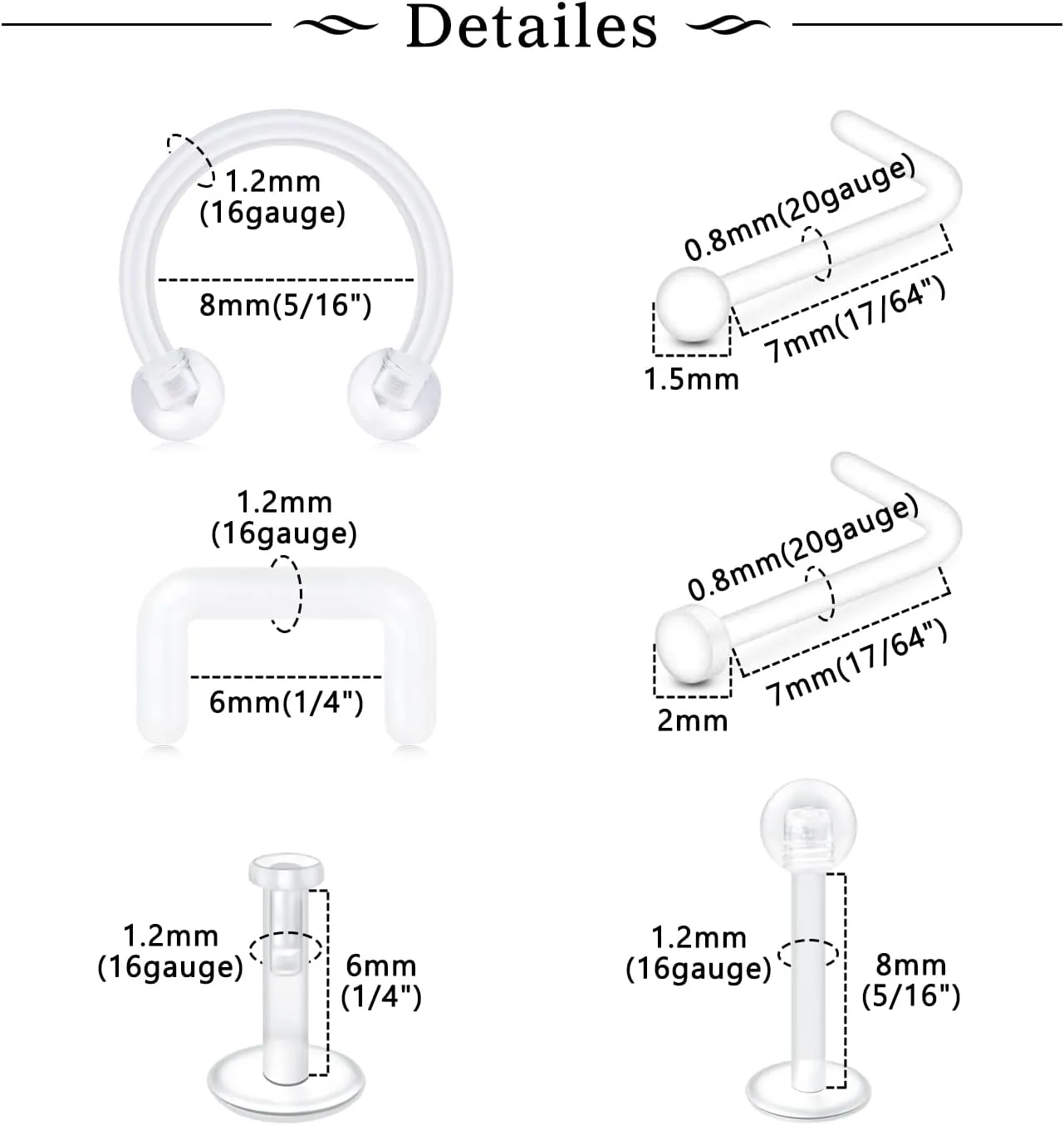 MODRSA Mix Set Clear Piercing Retainers Septum Retainer Nose Studs Flexible Lip Ear Nose Tongue Rings Nipplering Cartilage Rook Daith Earrings Horseshoe Plastic Industrial Piercing Retainer for Work
