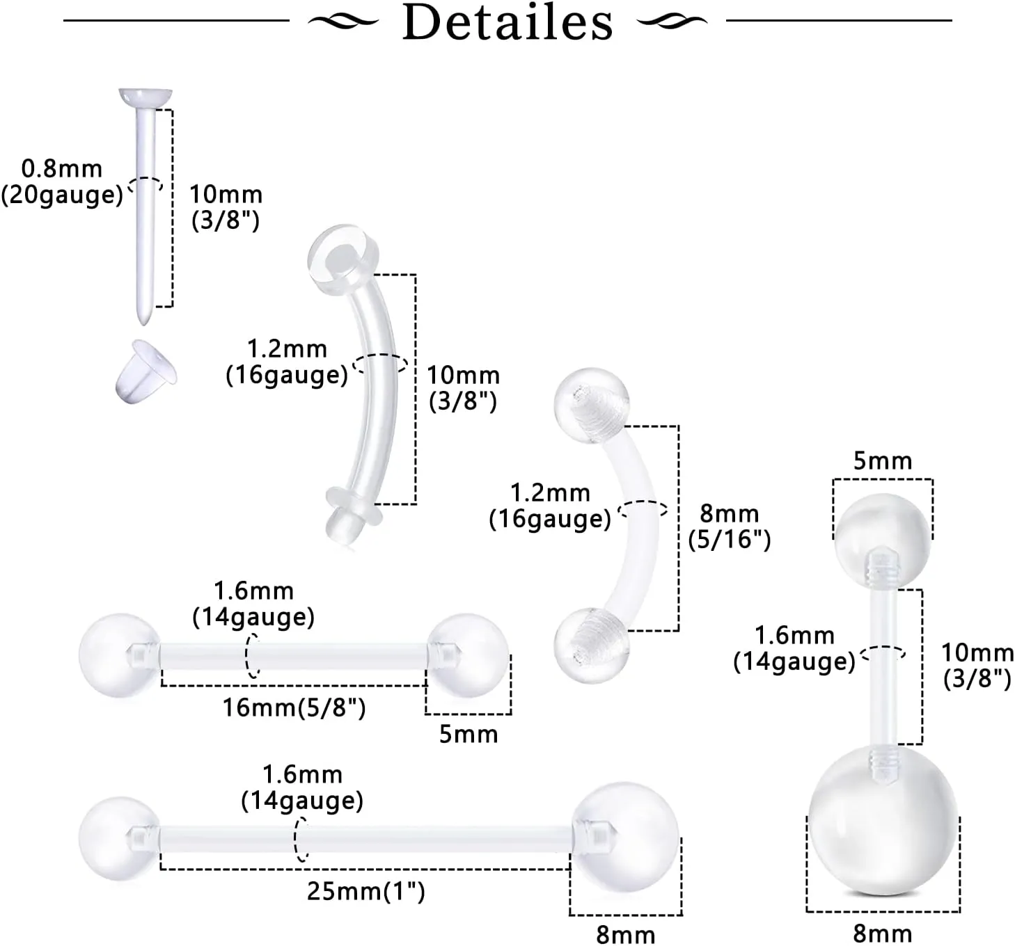 MODRSA Mix Set Clear Piercing Retainers Septum Retainer Nose Studs Flexible Lip Ear Nose Tongue Rings Nipplering Cartilage Rook Daith Earrings Horseshoe Plastic Industrial Piercing Retainer for Work