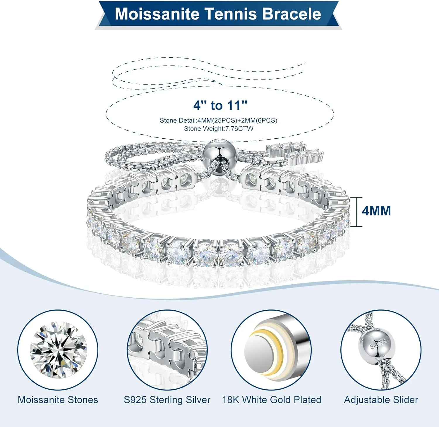 Moissanite Tennis Bracelet 1.52ct-7.76ct Adjustable Bracelet for Women 18K White Gold Plated S925 Sterling Silver Tennis Bracelet D Color VVS1 Round Cut 2mm-4mm Moissanite Bracelet Mothers Day Gift