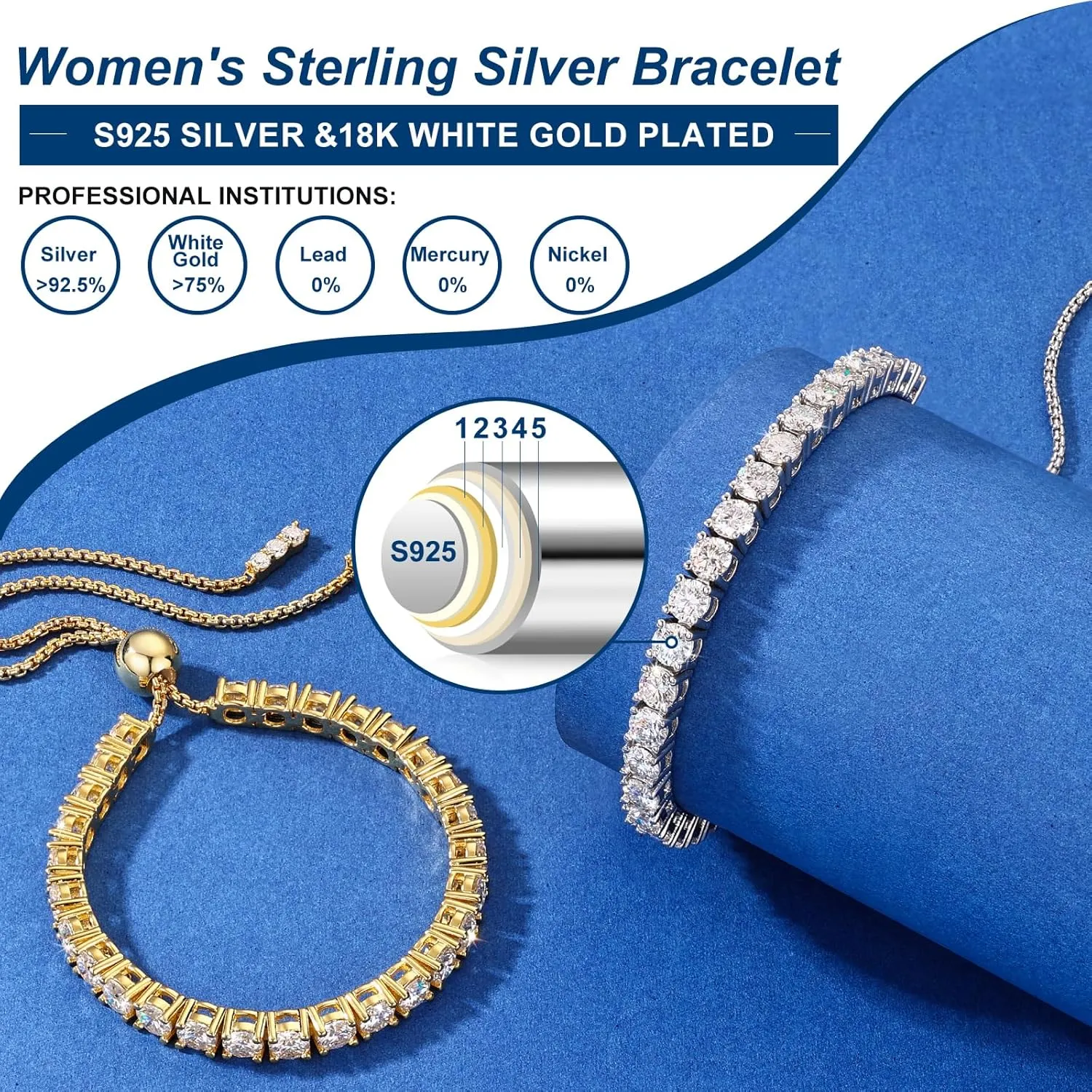 Moissanite Tennis Bracelet 1.52ct-7.76ct Adjustable Bracelet for Women 18K White Gold Plated S925 Sterling Silver Tennis Bracelet D Color VVS1 Round Cut 2mm-4mm Moissanite Bracelet Mothers Day Gift