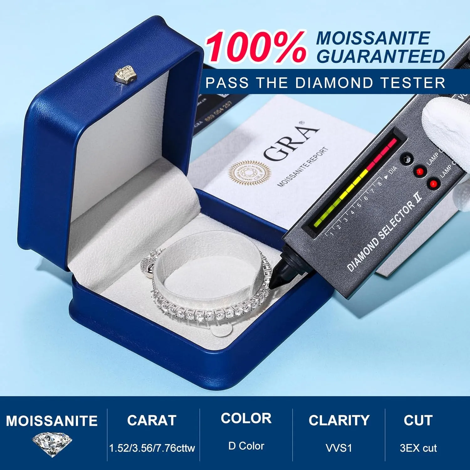 Moissanite Tennis Bracelet 1.52ct-7.76ct Adjustable Bracelet for Women 18K White Gold Plated S925 Sterling Silver Tennis Bracelet D Color VVS1 Round Cut 2mm-4mm Moissanite Bracelet Mothers Day Gift