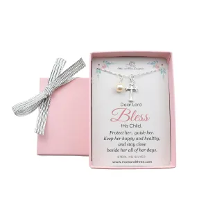 Mom and Three Daughters - Cross Kids Necklace for Girls, Sterling Silver Necklace Gift for Baptism, Handmade Necklaces on 14-Inch Cable Sterling Silver Chain, Stylish Silver Jewelry with Pearl