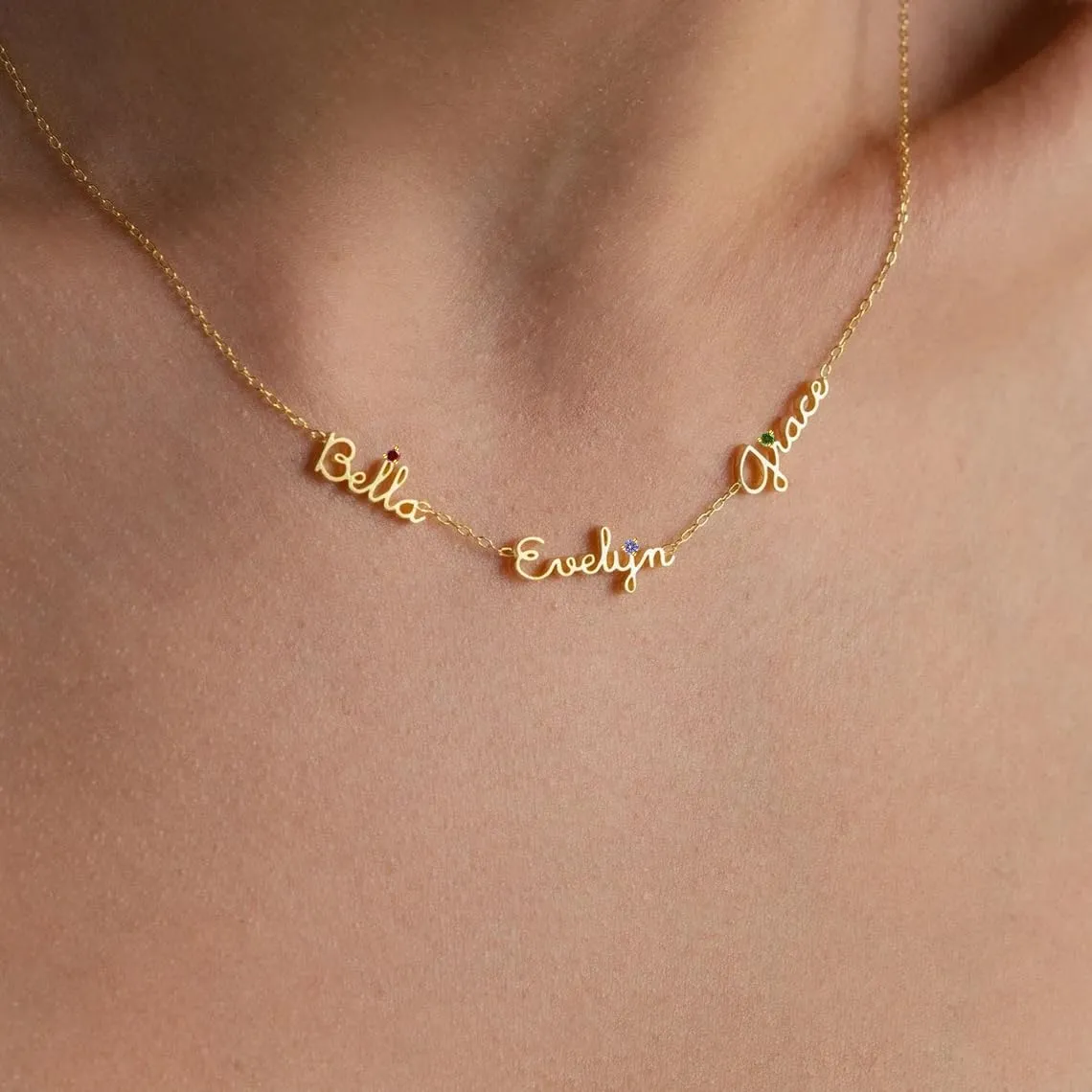 Mothers Day Personalized Birthstone Name Necklace for Women, 18K Gold Plated Handmade Custom Necklace with Kids Name, Dainty Choker Nameplate Jewelry Gift for Mom (3 Name Necklaces)