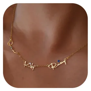 Mothers Day Personalized Birthstone Name Necklace for Women, 18K Gold Plated Handmade Custom Necklace with Kids Name, Dainty Choker Nameplate Jewelry Gift for Mom (3 Name Necklaces)