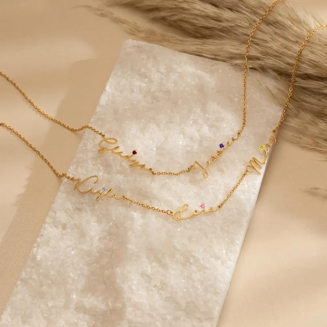 Mothers Day Personalized Birthstone Name Necklace for Women, 18K Gold Plated Handmade Custom Necklace with Kids Name, Dainty Choker Nameplate Jewelry Gift for Mom (3 Name Necklaces)