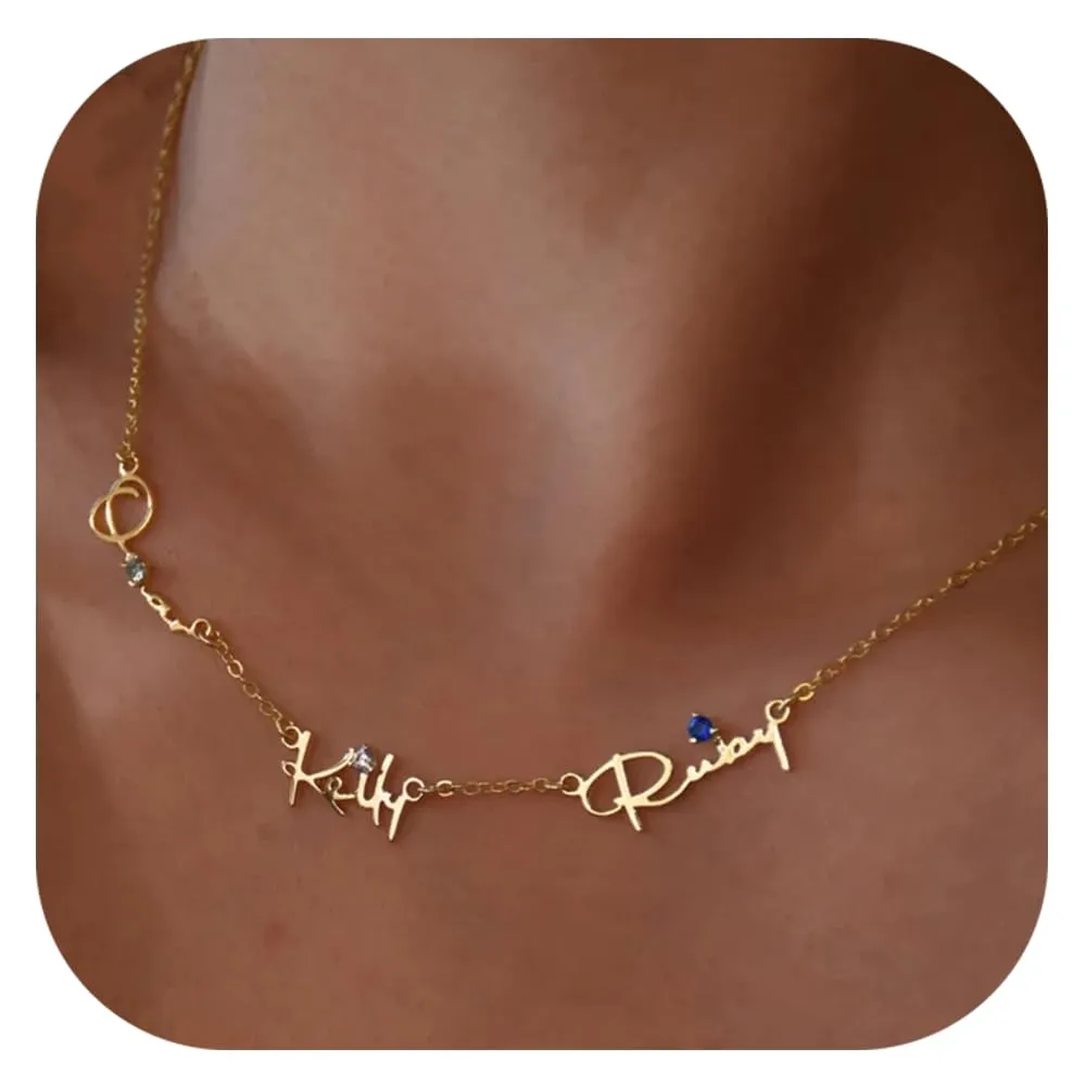 Mothers Day Personalized Birthstone Name Necklace for Women, 18K Gold Plated Handmade Custom Necklace with Kids Name, Dainty Choker Nameplate Jewelry Gift for Mom (3 Name Necklaces)