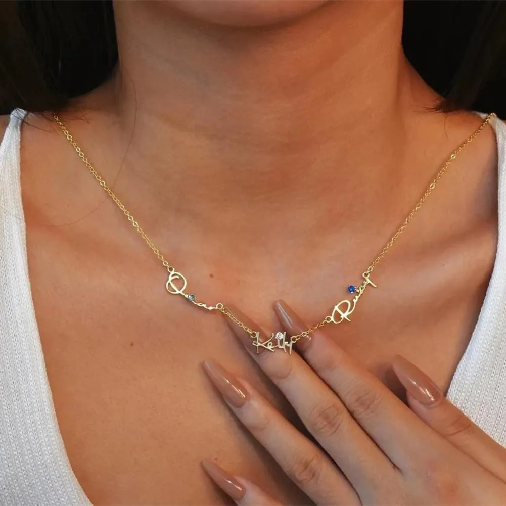 Mothers Day Personalized Birthstone Name Necklace for Women, 18K Gold Plated Handmade Custom Necklace with Kids Name, Dainty Choker Nameplate Jewelry Gift for Mom (3 Name Necklaces)