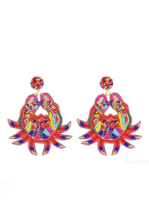 Multicolor Red Crab Seed Bead Dangle Earrings