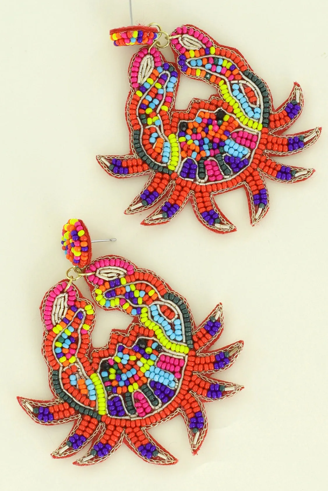 Multicolor Red Crab Seed Bead Dangle Earrings