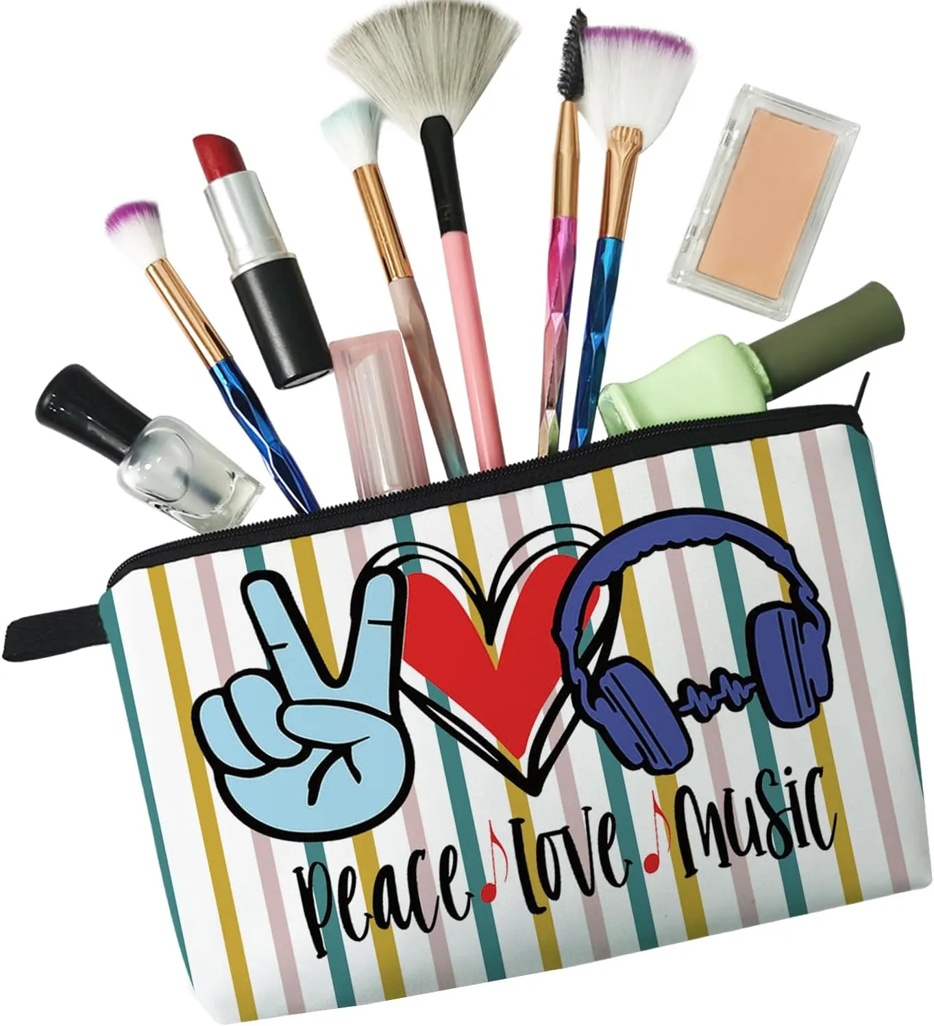 Music Lover Gift Peace Love Music Makeup Bag Cute Organizer Bag Travel Toiletry Zipper Pouch Gifts Headphone Cosmetic Bag for Girls Women Sisters