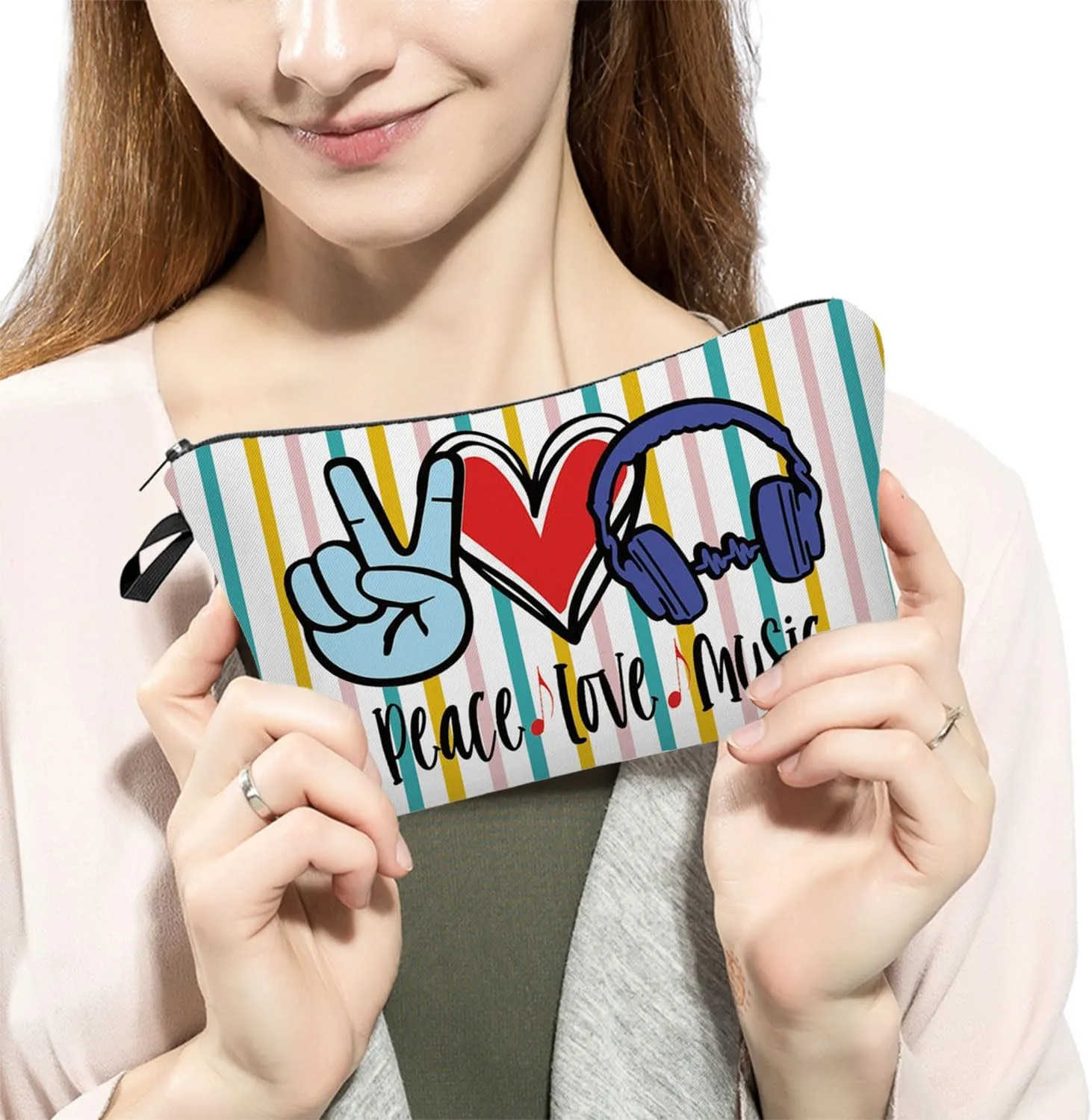 Music Lover Gift Peace Love Music Makeup Bag Cute Organizer Bag Travel Toiletry Zipper Pouch Gifts Headphone Cosmetic Bag for Girls Women Sisters
