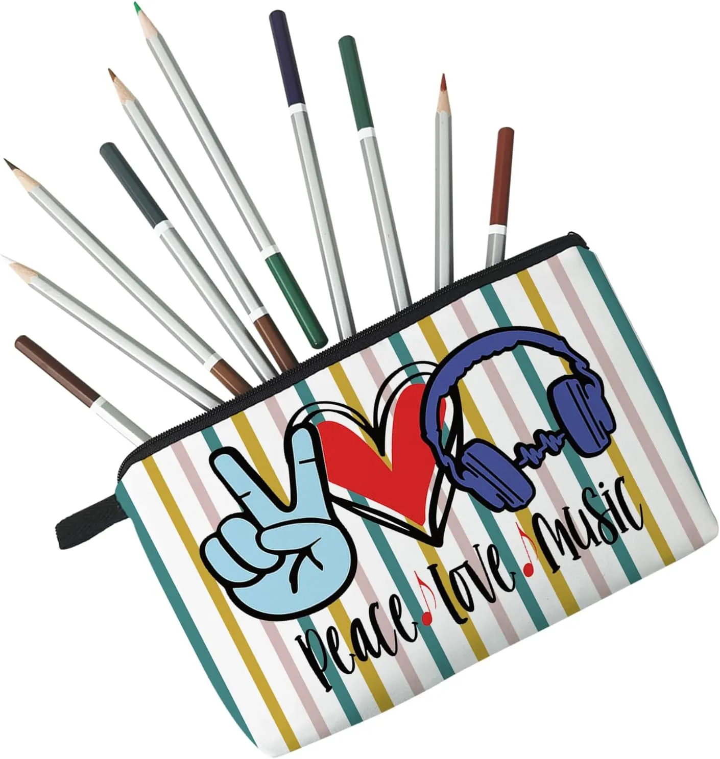 Music Lover Gift Peace Love Music Makeup Bag Cute Organizer Bag Travel Toiletry Zipper Pouch Gifts Headphone Cosmetic Bag for Girls Women Sisters