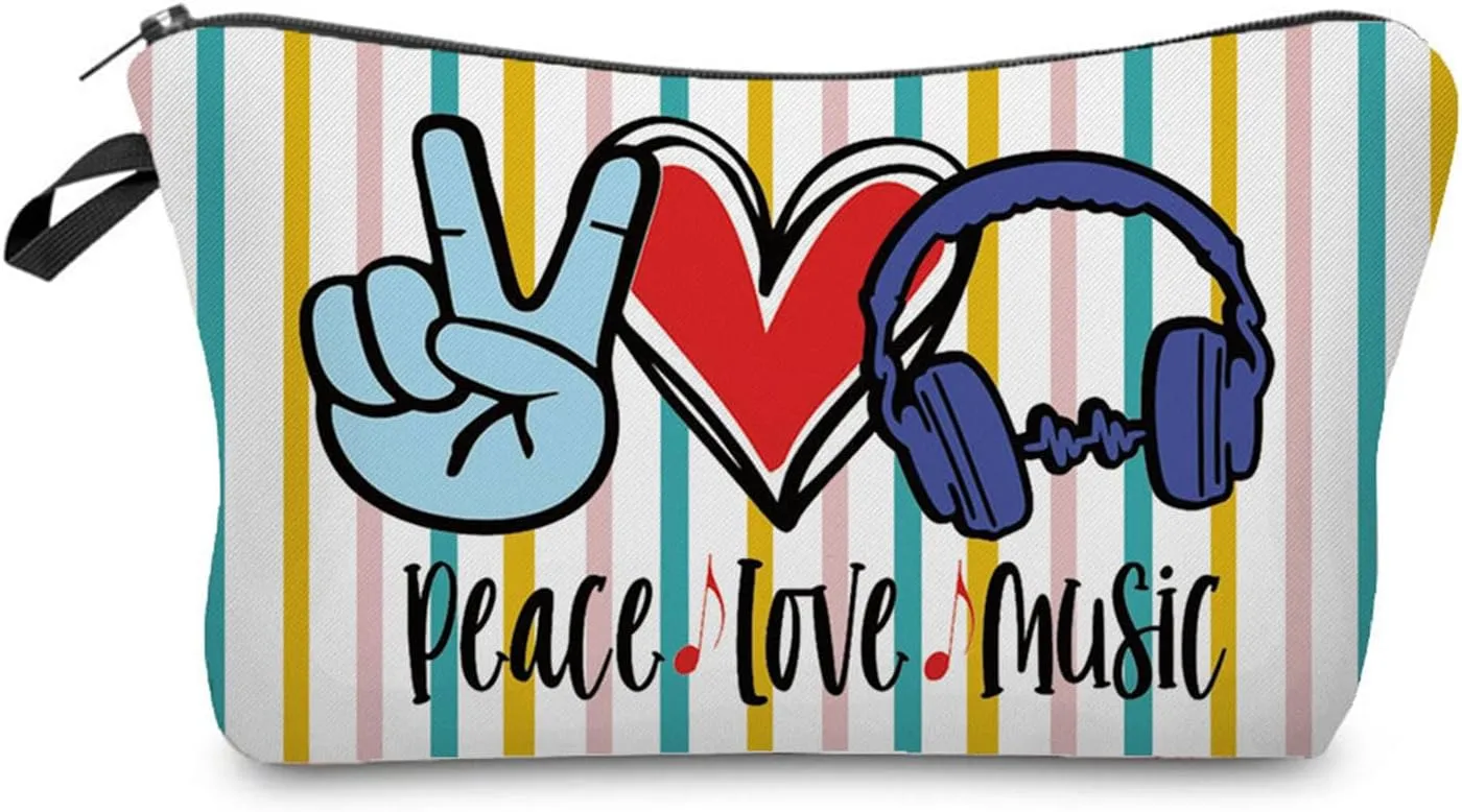 Music Lover Gift Peace Love Music Makeup Bag Cute Organizer Bag Travel Toiletry Zipper Pouch Gifts Headphone Cosmetic Bag for Girls Women Sisters