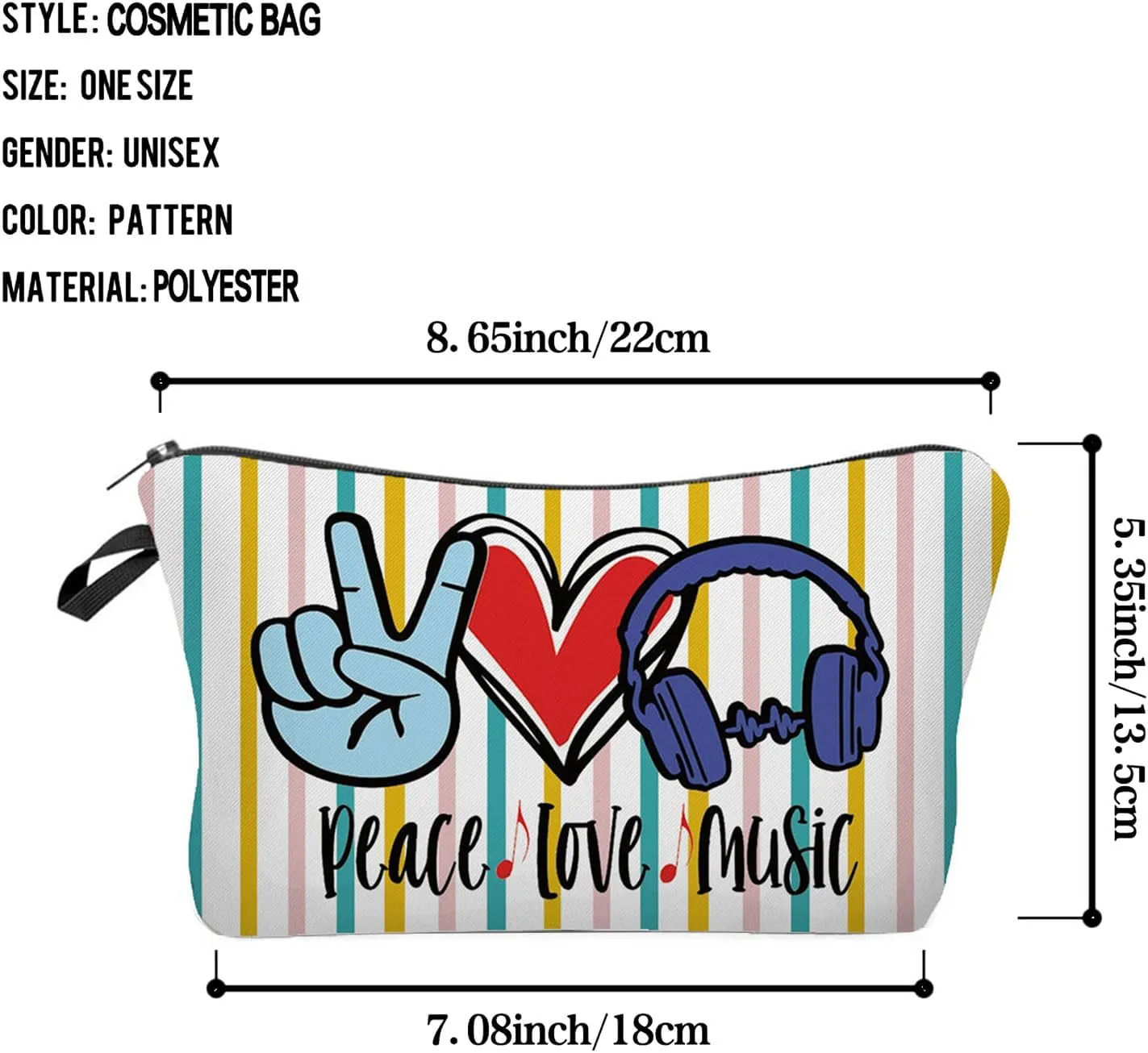 Music Lover Gift Peace Love Music Makeup Bag Cute Organizer Bag Travel Toiletry Zipper Pouch Gifts Headphone Cosmetic Bag for Girls Women Sisters