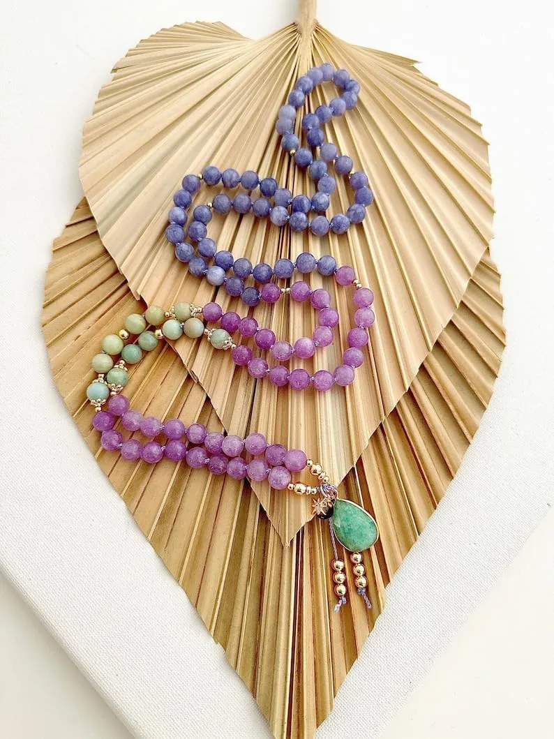 Natural amazonite amethyst and tanzanite 8mm 108 Mala Beads, Spiritual, Meditation Beads, Reiki, Japa Mala, Buddhist Prayer Beads, Yoga Bracelet, healing beads LKMALA-RRGU-2177