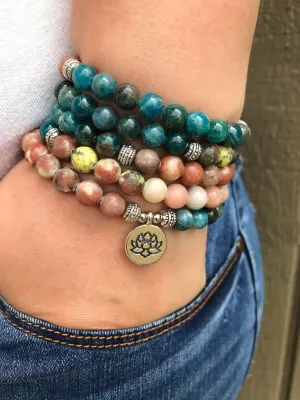 Natural Apatite and Rhodonite 8mm 108 Mala Beads, Spiritual, Meditation Beads, Reiki, Japa Mala, Buddhist Prayer Beads, Yoga Bracelet, healing beads LKMALA-RRGU-3337