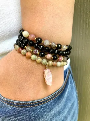 Natural Black Onyx, Emperor Jasper, Watermelon Tourmaline 6mm 108 Mala Beads, Spiritual, Meditation Beads, Reiki, Japa Mala, Buddhist Prayer Beads, Yoga Bracelet, healing beads LKMALA-RRGU-1357