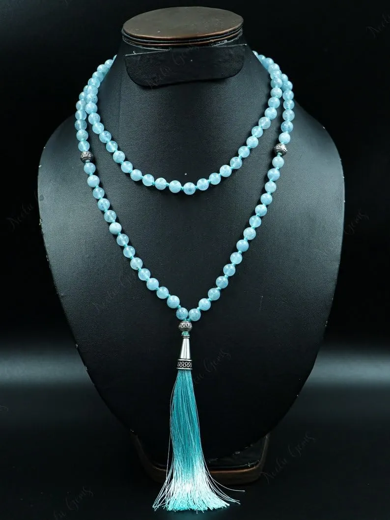 Natural Blue Aqumarine 8mm 108 Mala Beads, Spiritual, Meditation Beads, Reiki, Japa Mala, Buddhist Prayer Beads, Yoga Bracelet, healing beads LKMALA-RRGU-2797, 34 inch