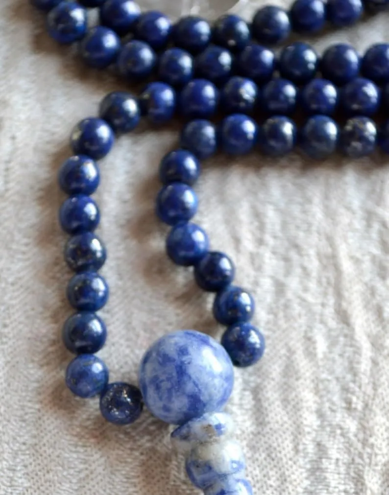 Natural Blue Lapis 8mm 108 Mala Beads, Spiritual, Meditation Beads, Reiki, Japa Mala, Buddhist Prayer Beads, Yoga Bracelet, healing beads LKMALA-RRGU-1685