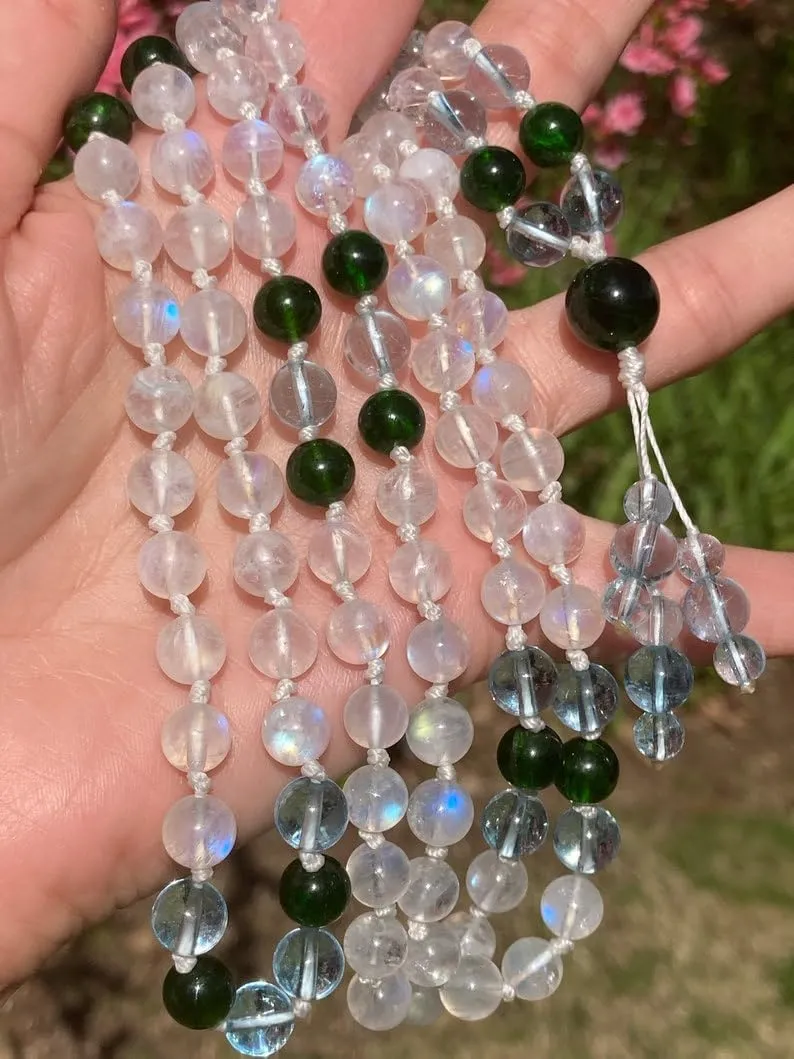 Natural Chrome Diopside Blue Topaz Rainbow Moonstone 8mm 108 Mala Beads, Spiritual, Meditation Beads, Reiki, Japa Mala, Buddhist Prayer Beads, Yoga Bracelet, healing beads LKMALA-RRGU-3011