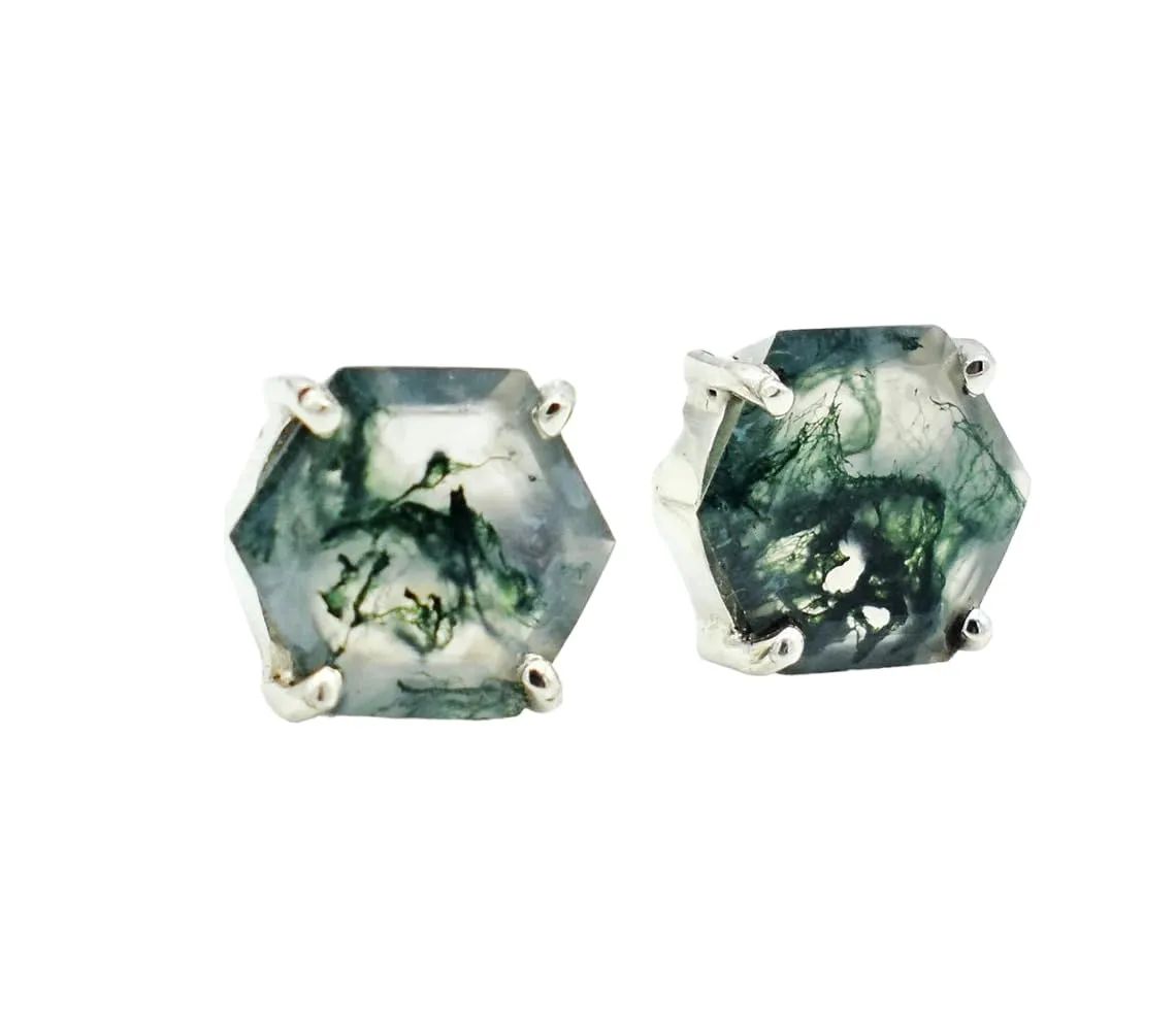 Natural Green Moss Agate Studs Hexagon Studs 925 Sterling Silver Stud Earrings with Moss Agate Gemstone Earrings Minimalist Studs Dainty Studs Girls Earring