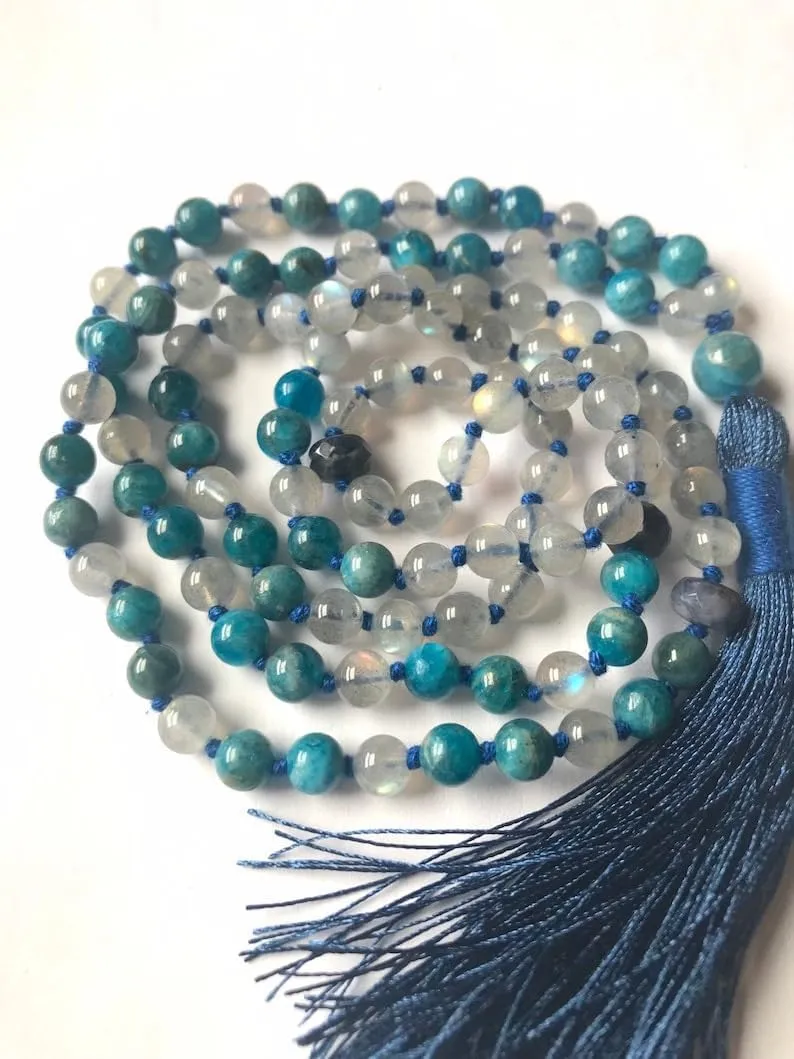 Natural Labradorite, Apatite, Sapphire 6mm-8mm 108 Mala Beads, Spiritual, Meditation Beads, Reiki, Japa Mala, Buddhist Prayer Beads, Yoga Bracelet, healing beads LKMALA-RRGU-1045