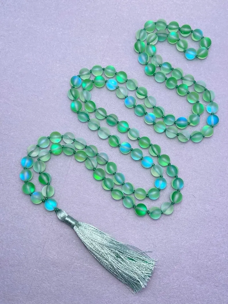Natural Matte Green Aura Quartz 8mm 108 Mala Beads, Spiritual, Meditation Beads, Reiki, Japa Mala, Buddhist Prayer Beads, Yoga Bracelet, healing beads LKMALA-RRGU-3664