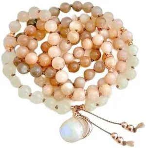 Natural Moonstone and Sunstone 6mm 108 Mala Beads, Spiritual, Meditation Beads, Reiki, Japa Mala, Buddhist Prayer Beads, Yoga Bracelet, healing beads LKMALA-RRGU-2069