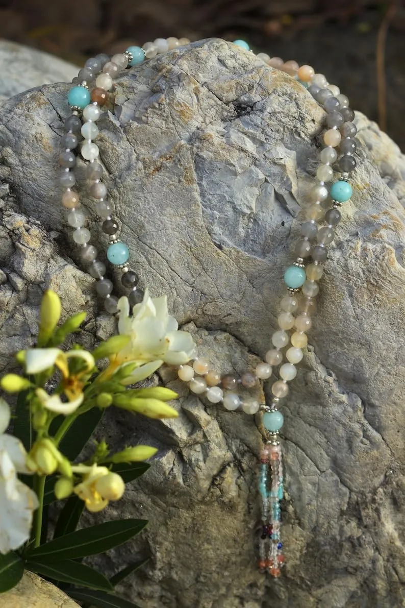 Natural Multi Moonstone and Chalcedony 6mm 108 Mala Beads, Spiritual, Meditation Beads, Reiki, Japa Mala, Buddhist Prayer Beads, Yoga Bracelet, healing beads LKMALA-RRGU-2891, 34 inch