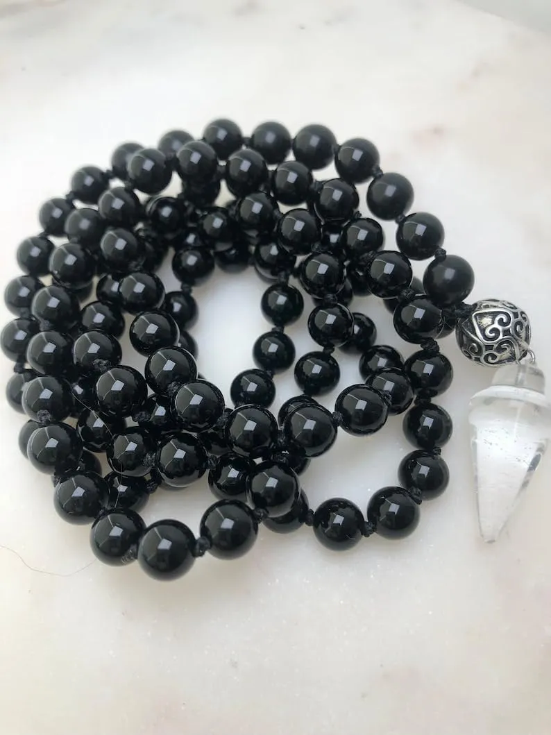 Natural Obsidian 8mm 108 Mala Beads, Spiritual, Meditation Beads, Reiki, Japa Mala, Buddhist Prayer Beads, Yoga Bracelet, healing beads LKMALA-RRGU-3793