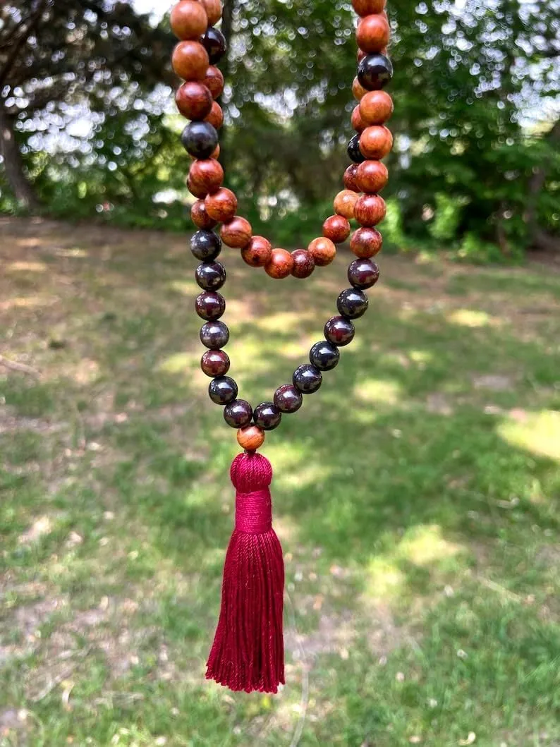 Natural Obsidian Mahogany, wood beads 8mm 108 Mala Beads, Spiritual, Meditation Beads, Reiki, Japa Mala, Buddhist Prayer Beads, Yoga Bracelet, healing beads LKMALA-RRGU-2388