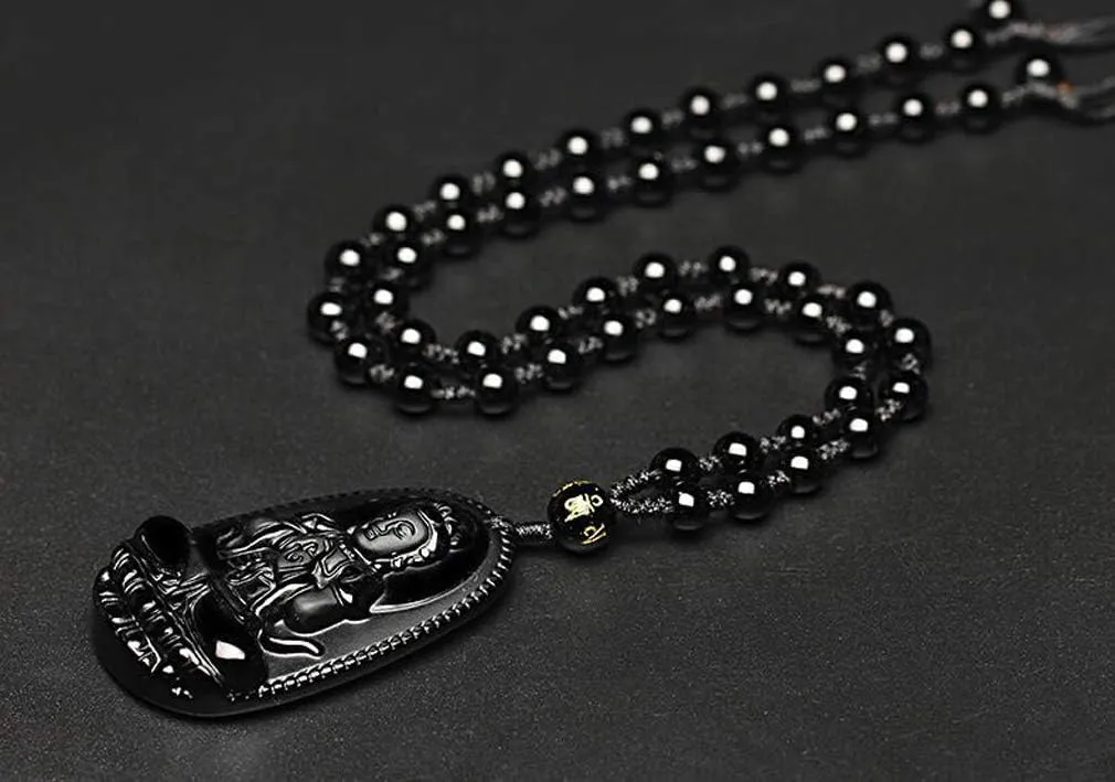 Natural Obsidian Necklace Lucky Amulet Protection Pendant with Dragon phoenix wolf's head Buddha Guanyin Kwan Yin A Certified Obsidian Women's Necklaces Men's Necklaces