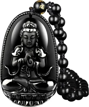 Natural Obsidian Necklace Lucky Amulet Protection Pendant with Dragon phoenix wolf's head Buddha Guanyin Kwan Yin A Certified Obsidian Women's Necklaces Men's Necklaces