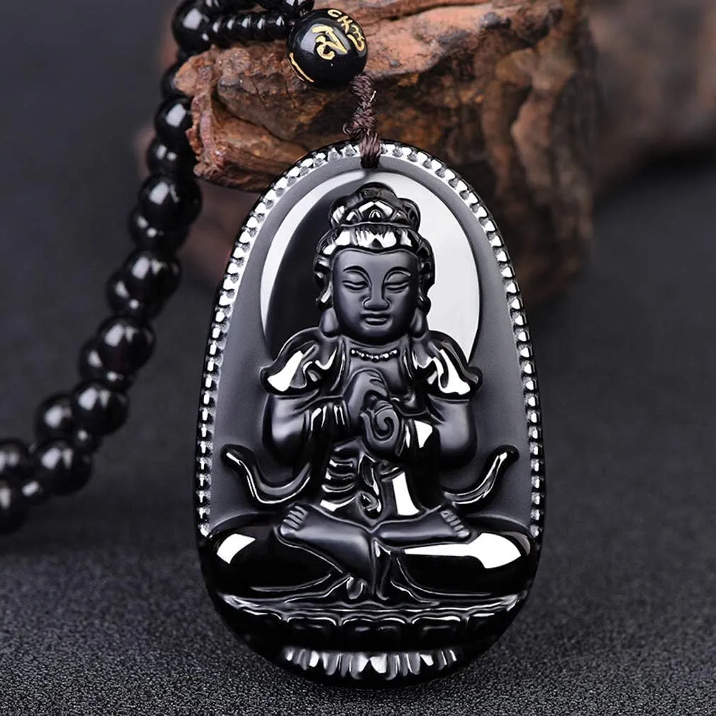 Natural Obsidian Necklace Lucky Amulet Protection Pendant with Dragon phoenix wolf's head Buddha Guanyin Kwan Yin A Certified Obsidian Women's Necklaces Men's Necklaces