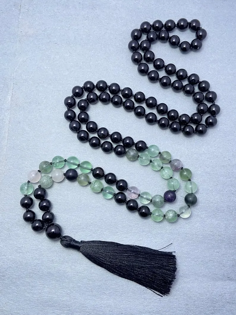 Natural Onyx & Fluorite 8mm 108 Mala Beads, Spiritual, Meditation Beads, Reiki, Japa Mala, Buddhist Prayer Beads, Yoga Bracelet, healing beads LKMALA-RRGU-3642