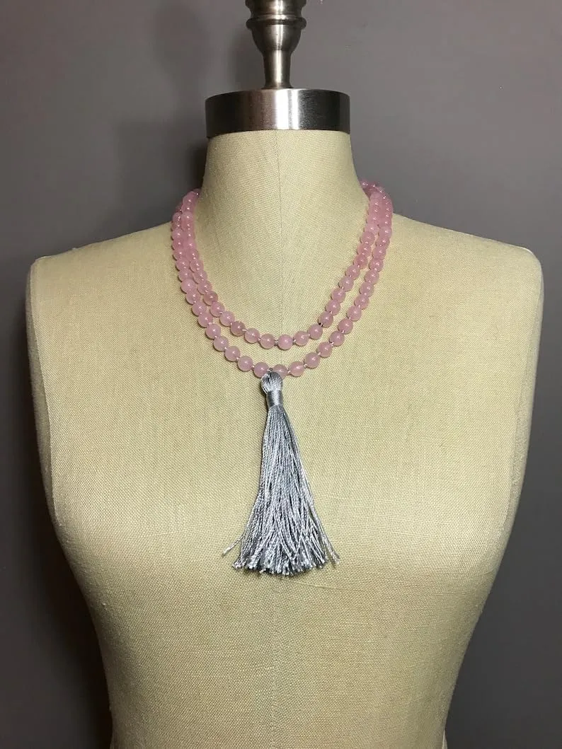Natural Rose Quartz 8mm 108 Mala Beads, Spiritual, Meditation Beads, Reiki, Japa Mala, Buddhist Prayer Beads, Yoga Bracelet, healing beads LKMALA-RRGU-3719