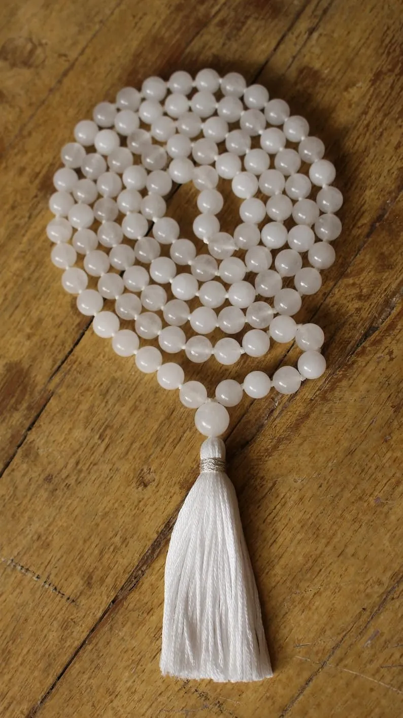 Natural Snow Quartz 6mm 108 Mala Beads, Spiritual, Meditation Beads, Reiki, Japa Mala, Buddhist Prayer Beads, Yoga Bracelet, healing beads LKMALA-RRGU-2685