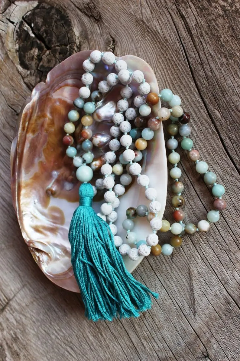 Natural white Lava stone, Amazonite 6mm 108 Mala Beads, Spiritual, Meditation Beads, Reiki, Japa Mala, Buddhist Prayer Beads, Yoga Bracelet, healing beads LKMALA-RRGU-2697