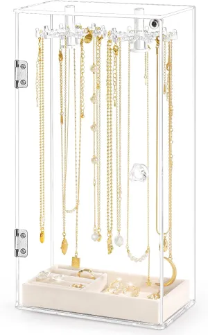 Necklace Holder, Acrylic Jewelry Organizer with 24 Hooks, Rotation Clear Necklaces Pendant Display Case Stand, Dust-proof Velvet Tray Hanging Rack Storage for Earrings Rings