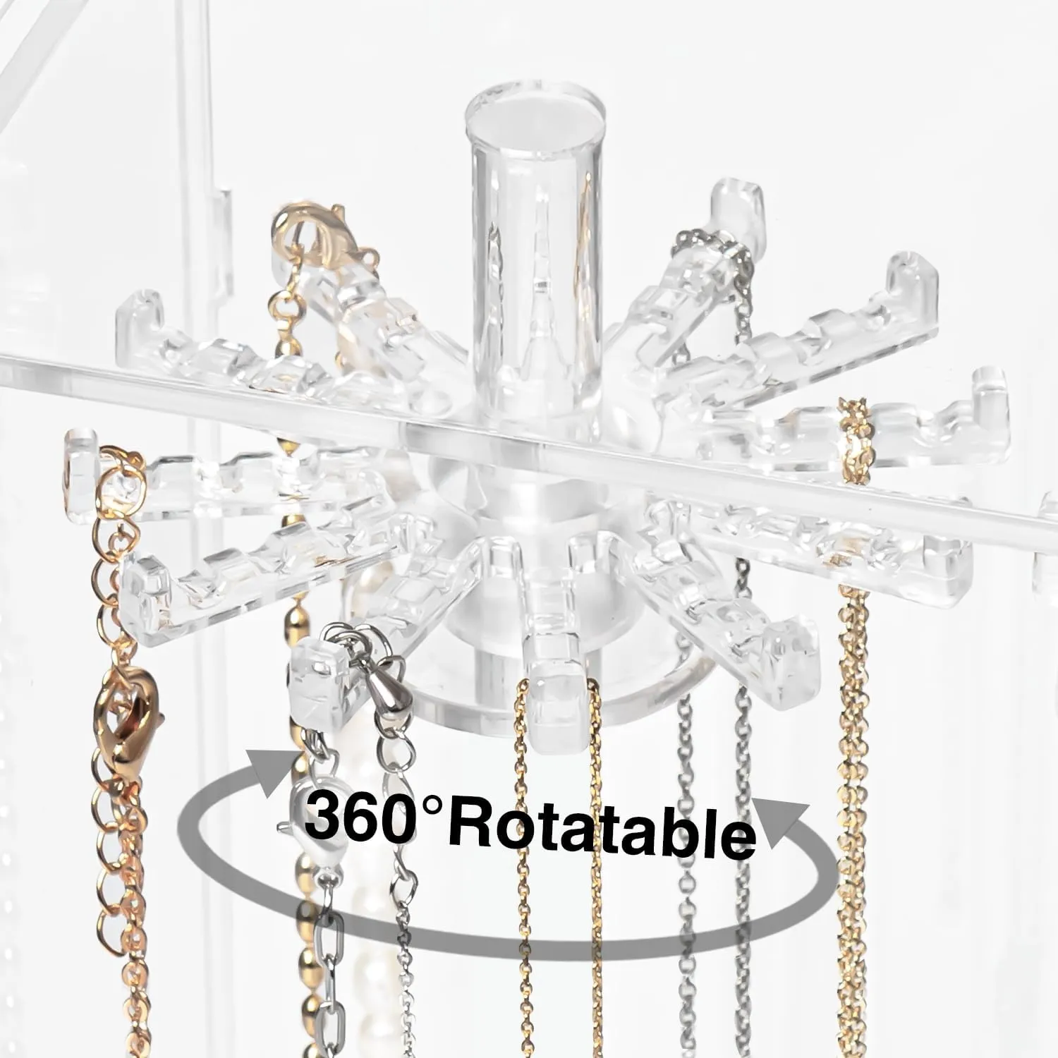 Necklace Holder, Acrylic Jewelry Organizer with 24 Hooks, Rotation Clear Necklaces Pendant Display Case Stand, Dust-proof Velvet Tray Hanging Rack Storage for Earrings Rings