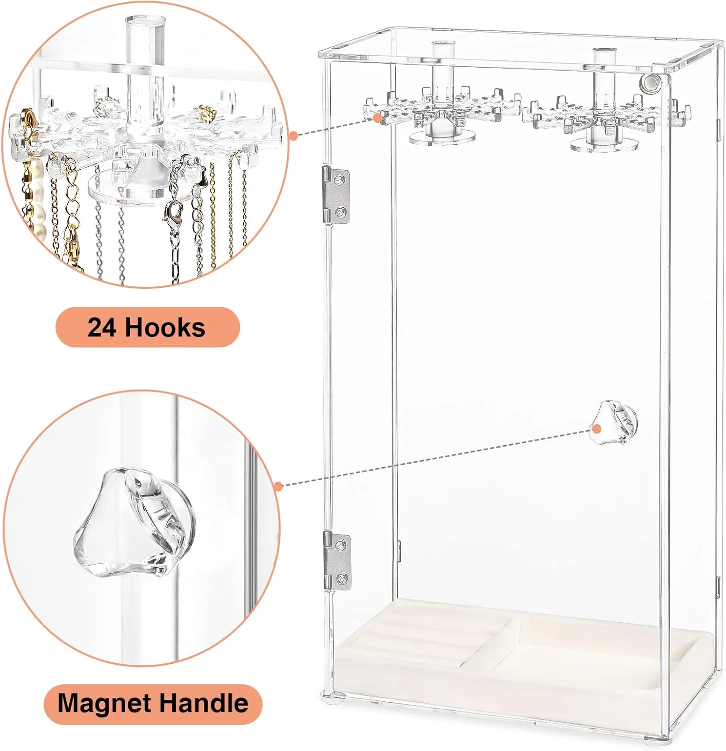 Necklace Holder, Acrylic Jewelry Organizer with 24 Hooks, Rotation Clear Necklaces Pendant Display Case Stand, Dust-proof Velvet Tray Hanging Rack Storage for Earrings Rings