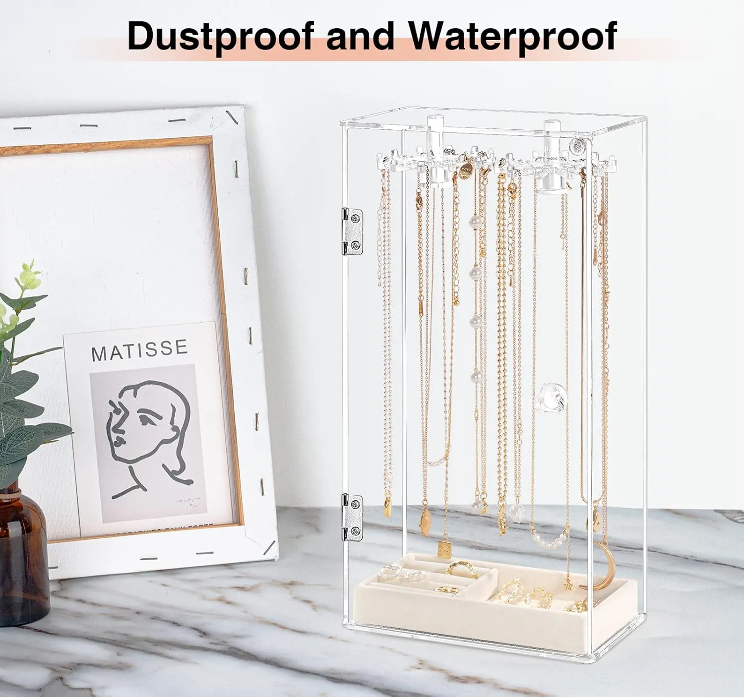 Necklace Holder, Acrylic Jewelry Organizer with 24 Hooks, Rotation Clear Necklaces Pendant Display Case Stand, Dust-proof Velvet Tray Hanging Rack Storage for Earrings Rings