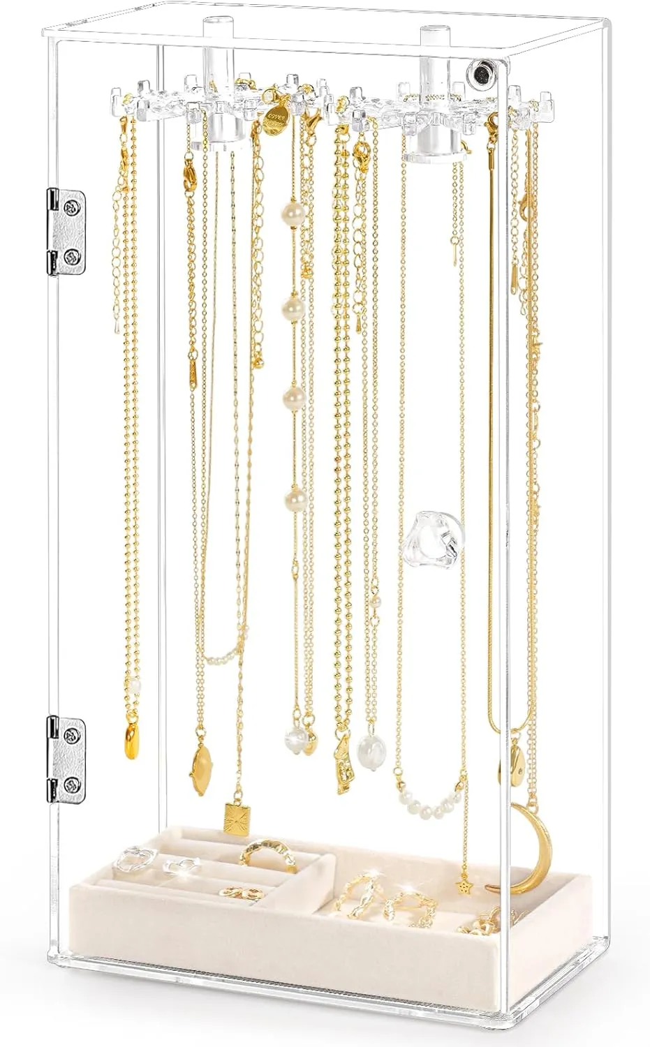 Necklace Holder, Acrylic Jewelry Organizer with 24 Hooks, Rotation Clear Necklaces Pendant Display Case Stand, Dust-proof Velvet Tray Hanging Rack Storage for Earrings Rings