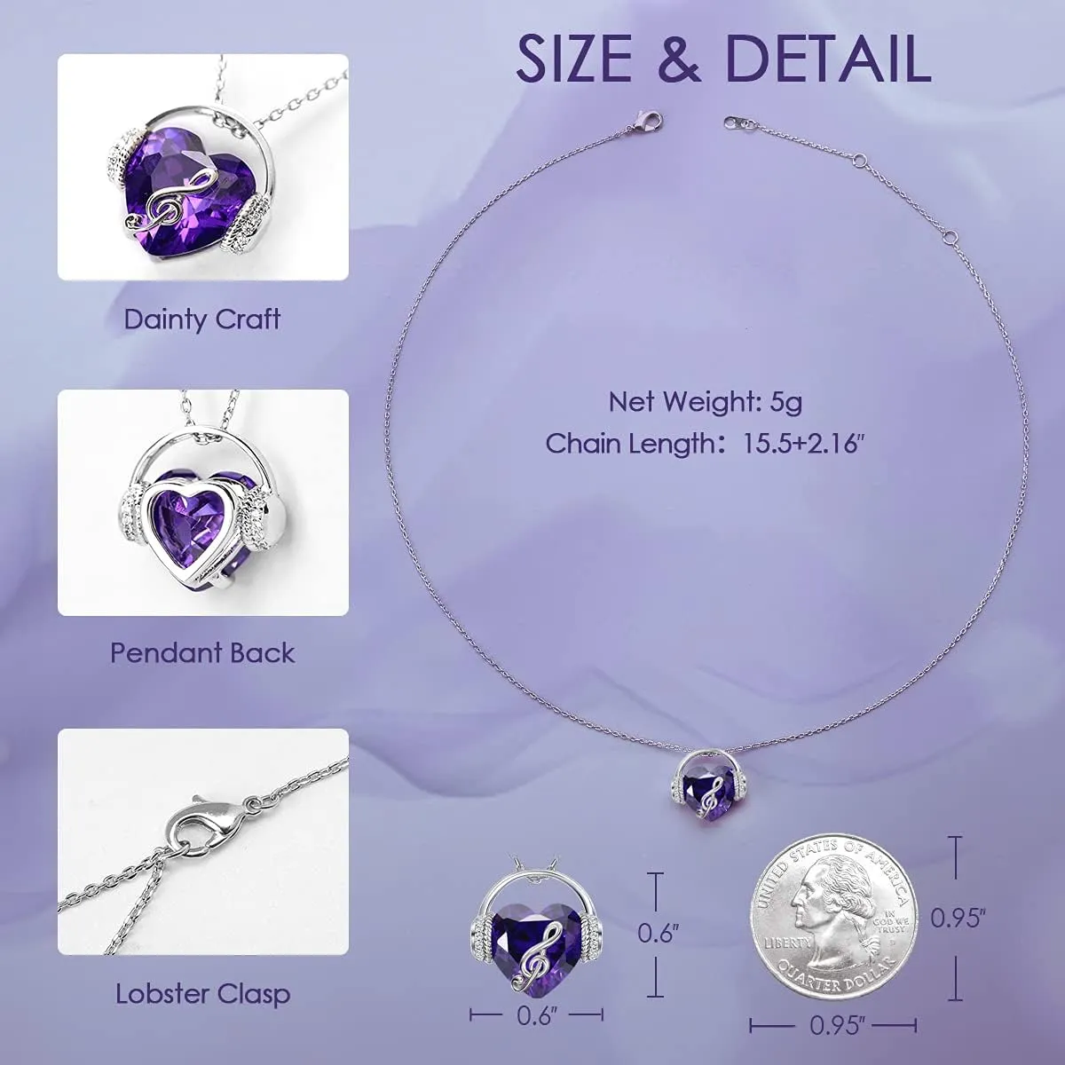 Necklaces for Women Music Note Necklace Heart Pendant Necklaces Birthstone Crystal Jewelry Christmas Mother Day Valentine Anniversary Birthday Gift for Her Mom Wife