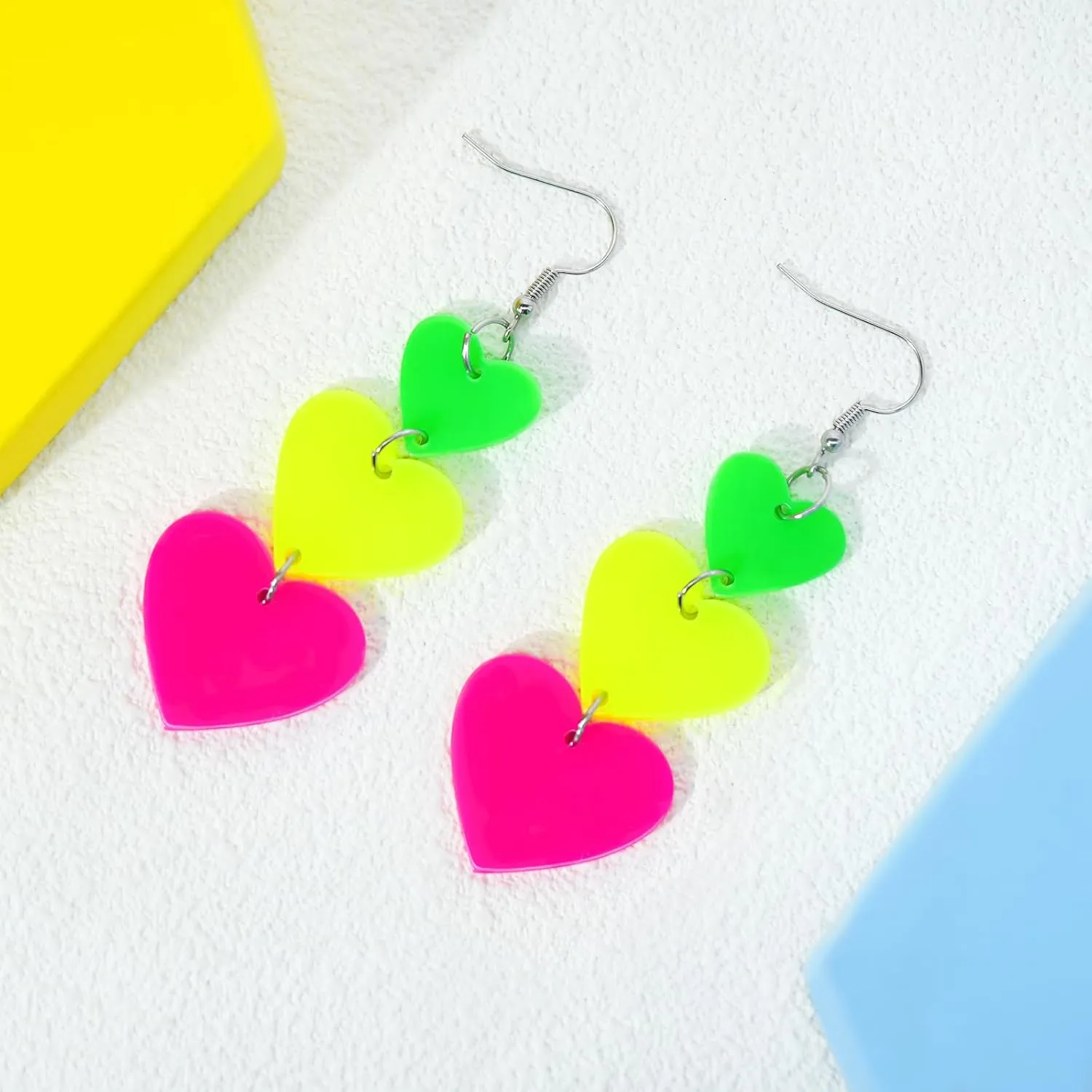 Neon Heart Earrings for Women Acrylic Neon Earrings 80s 90s Outfit for Women Glow Party Accessories Gifts Hot Pink Orange Green Yellow