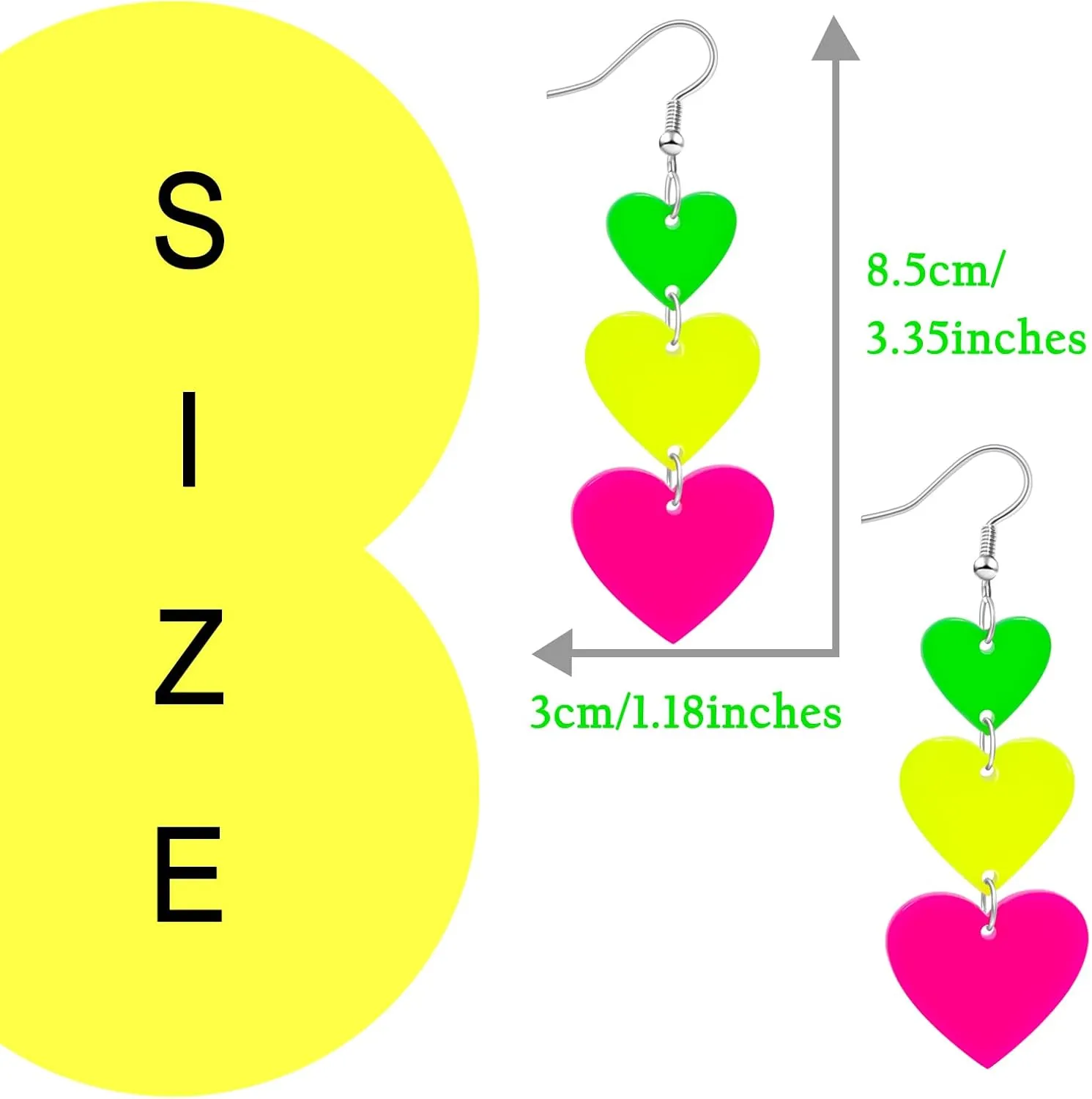 Neon Heart Earrings for Women Acrylic Neon Earrings 80s 90s Outfit for Women Glow Party Accessories Gifts Hot Pink Orange Green Yellow
