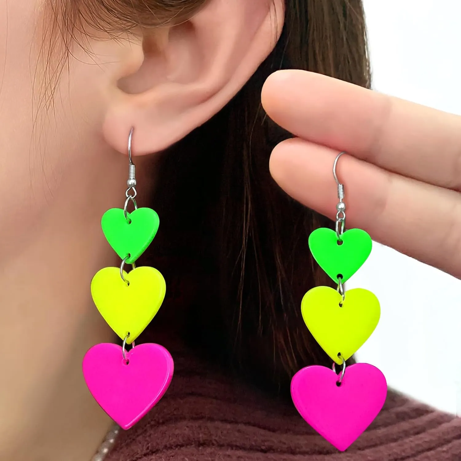 Neon Heart Earrings for Women Acrylic Neon Earrings 80s 90s Outfit for Women Glow Party Accessories Gifts Hot Pink Orange Green Yellow